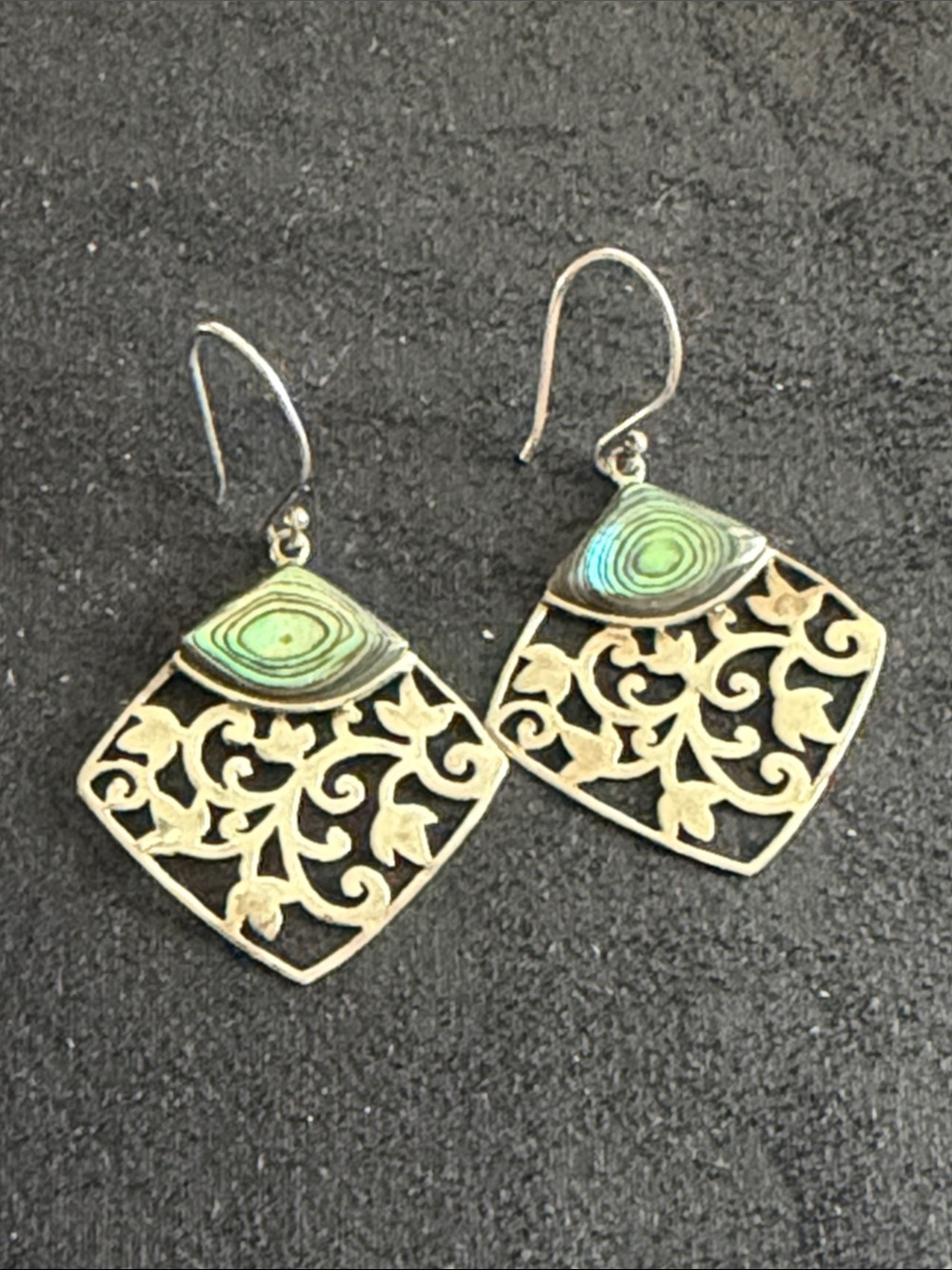 Green Abalone Filigree Drop Earrings - genuine, Sterling silver stamped